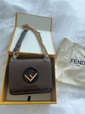 Fendi Brown Leather Kan I Small Shoulder Bag with Gold Chain